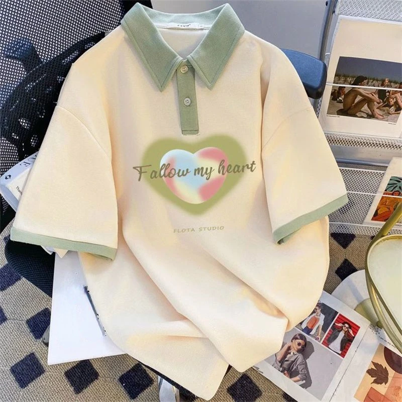 DAYIFUN Preppy Style Women's T-shirt Summer Patchwork Color Love Letter Printed Tshirts Lapel Collar Short Sleeve Blouse