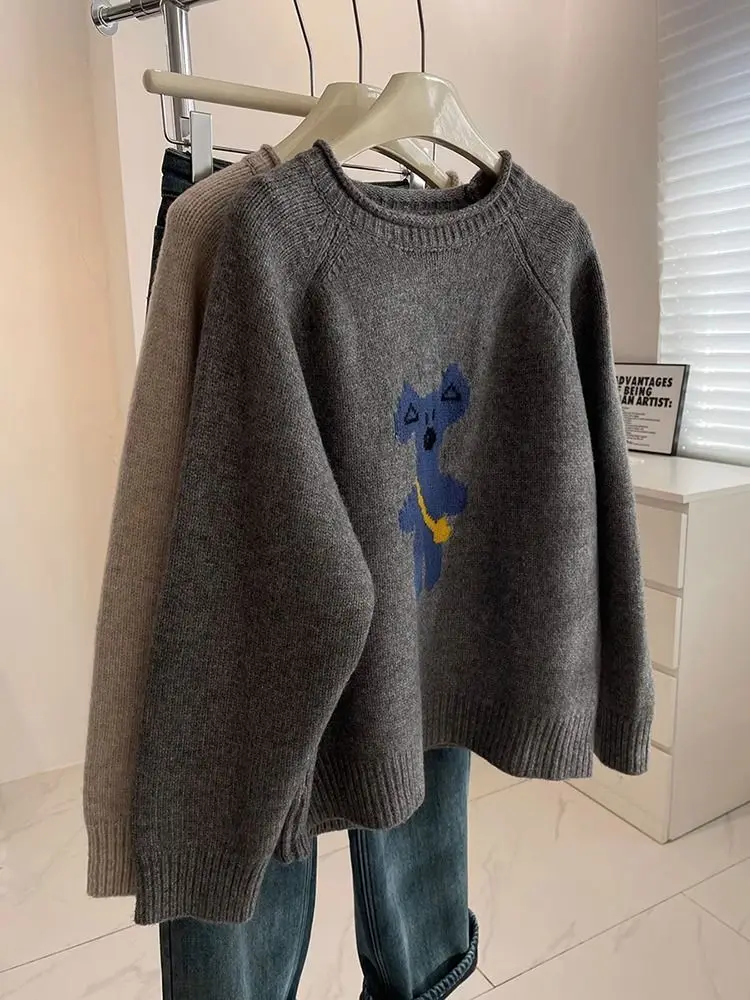 Cartoon Teddy Bear Jacquard Sweater For Women Spring Autumn Winter Loose Pullover Knitted Long Sleeves O-Neck Jumper Knitwear