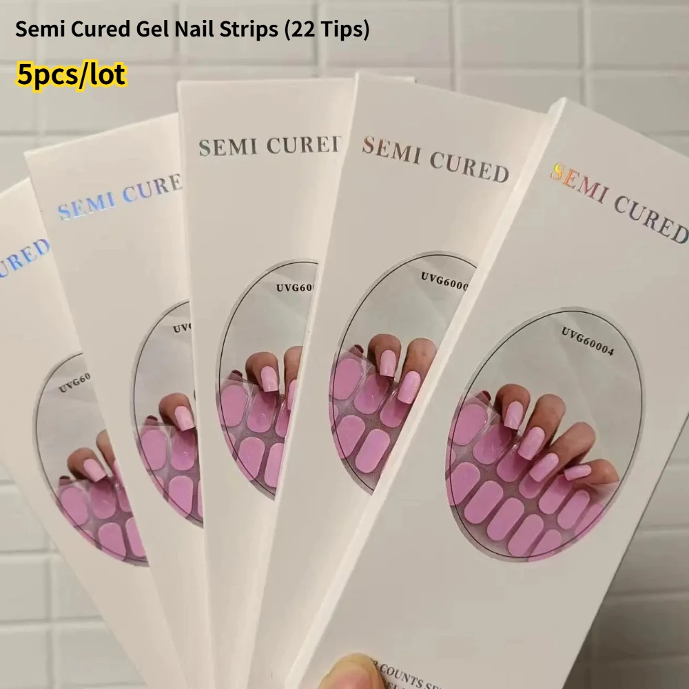 

5pcs/lot Semi Cured Gel Nail Stickers Pure Neon Color Strips Waterproof Nail Polish Wraps Adhesive Full Manicure Decor Stickers