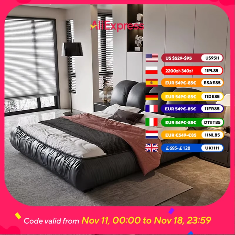 

King Size Bed With Oversized Padded Backrest Cloth Art Twin Double Bed Modern Support Wooden Cama Matrimonial Bedroom Furniture