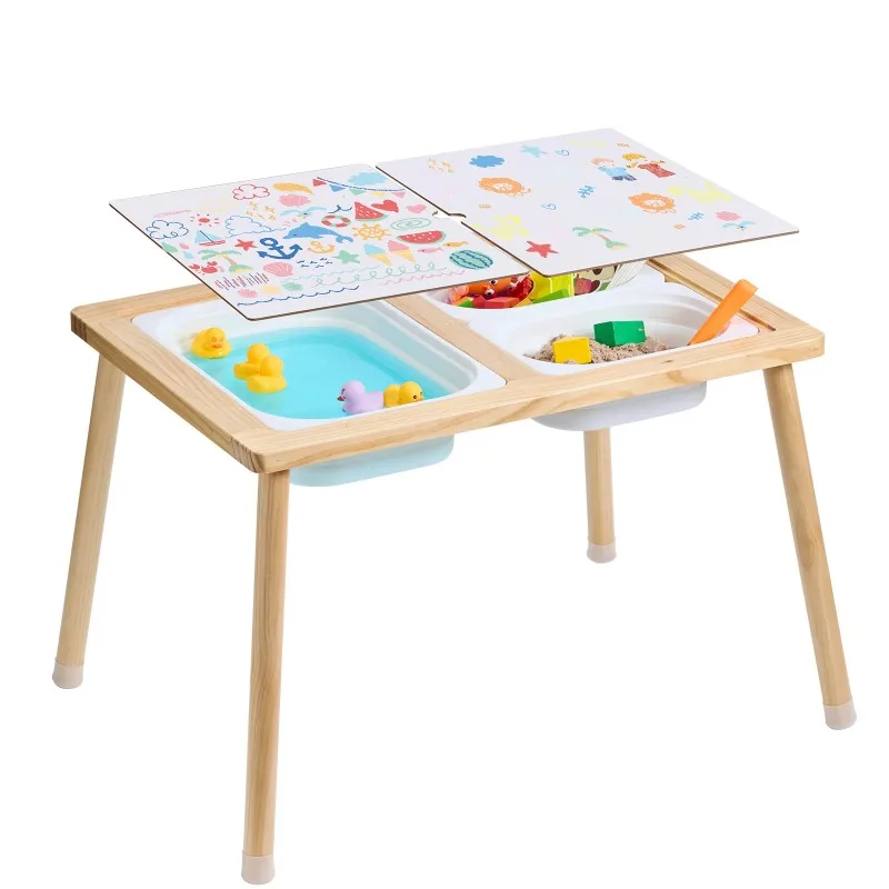 Wooden Sensory Table for Kids Activity with 3 Foldable Storage Bins&Double-Sided Board Indoor/Outdoor Drawing Studying