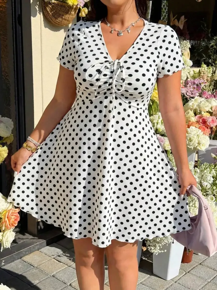 

Plus Size Polka Dot V-Neck Tie Front Flare Sleeve Dress
