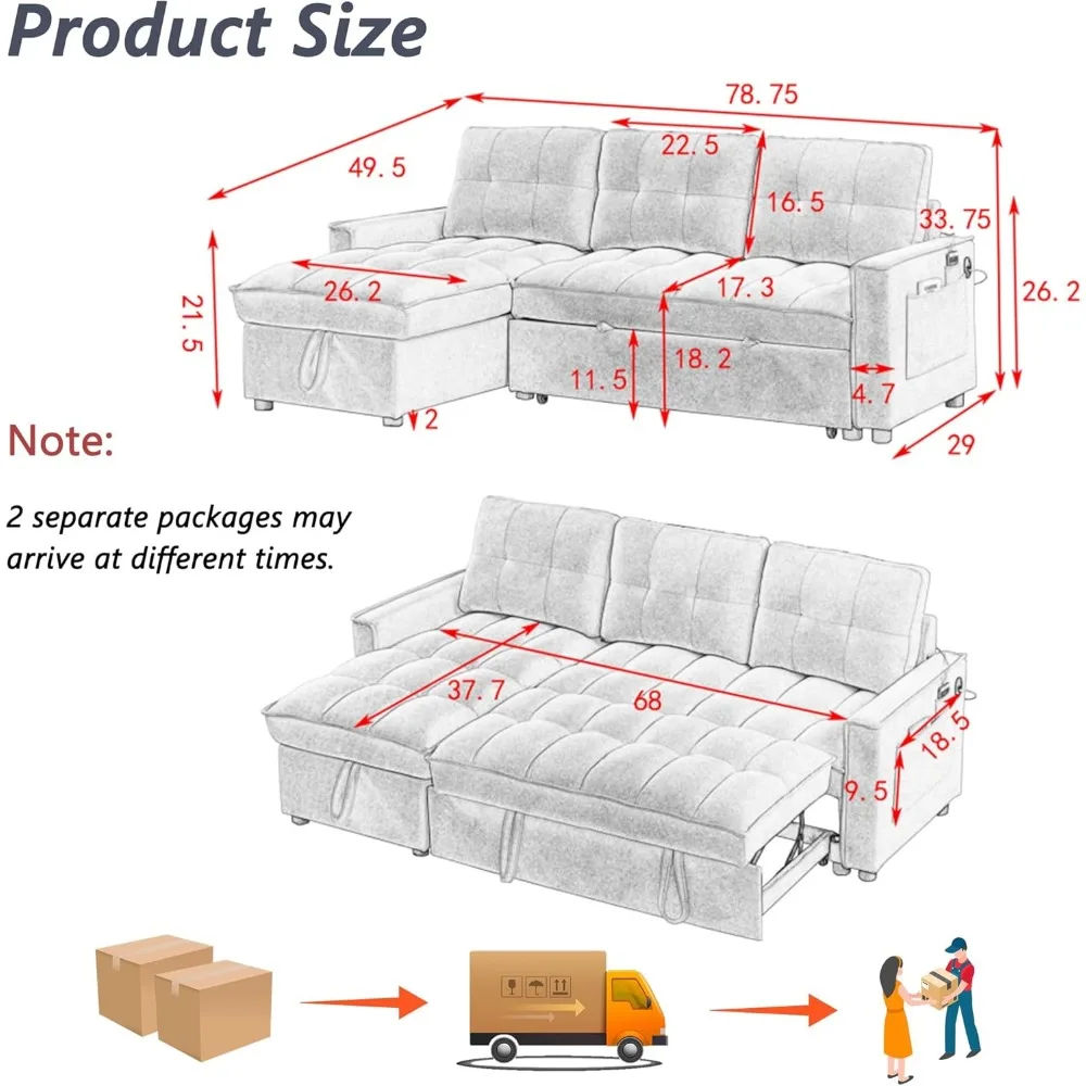 Двусторонний секционный диван, 78 L-образный 3-местный диван из синели с выдвижной кроватью для удобных сидений