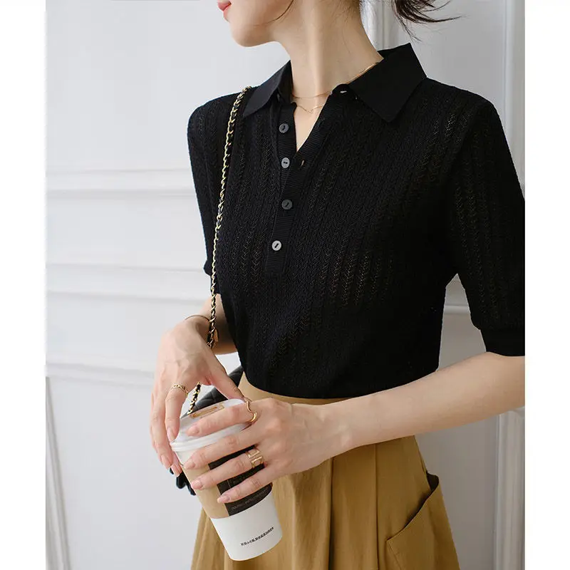Spring and summer cashmere sweater V-neck short-sleeved t-shirt lapel knitted cashmere bottoming top shirts for women