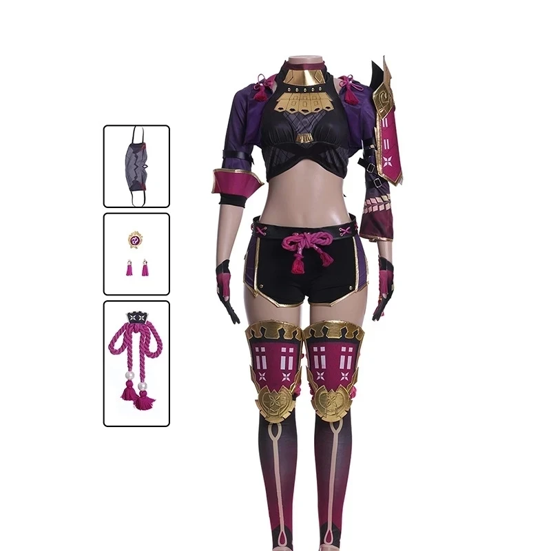 

Cosplay Ninja Kuki Shinobu Halloween Female Costumes Shawl Tops Shorts Knee Pads Belt Gloves Props Set Anime Game Genshin Impact