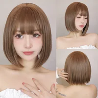 Pelucas sintéticas de color marrón claro, corte Bob corto liso con flequillo, peluca para mujeres blancas, Cosplay de fiesta diaria coreana, pelo resistente al calor