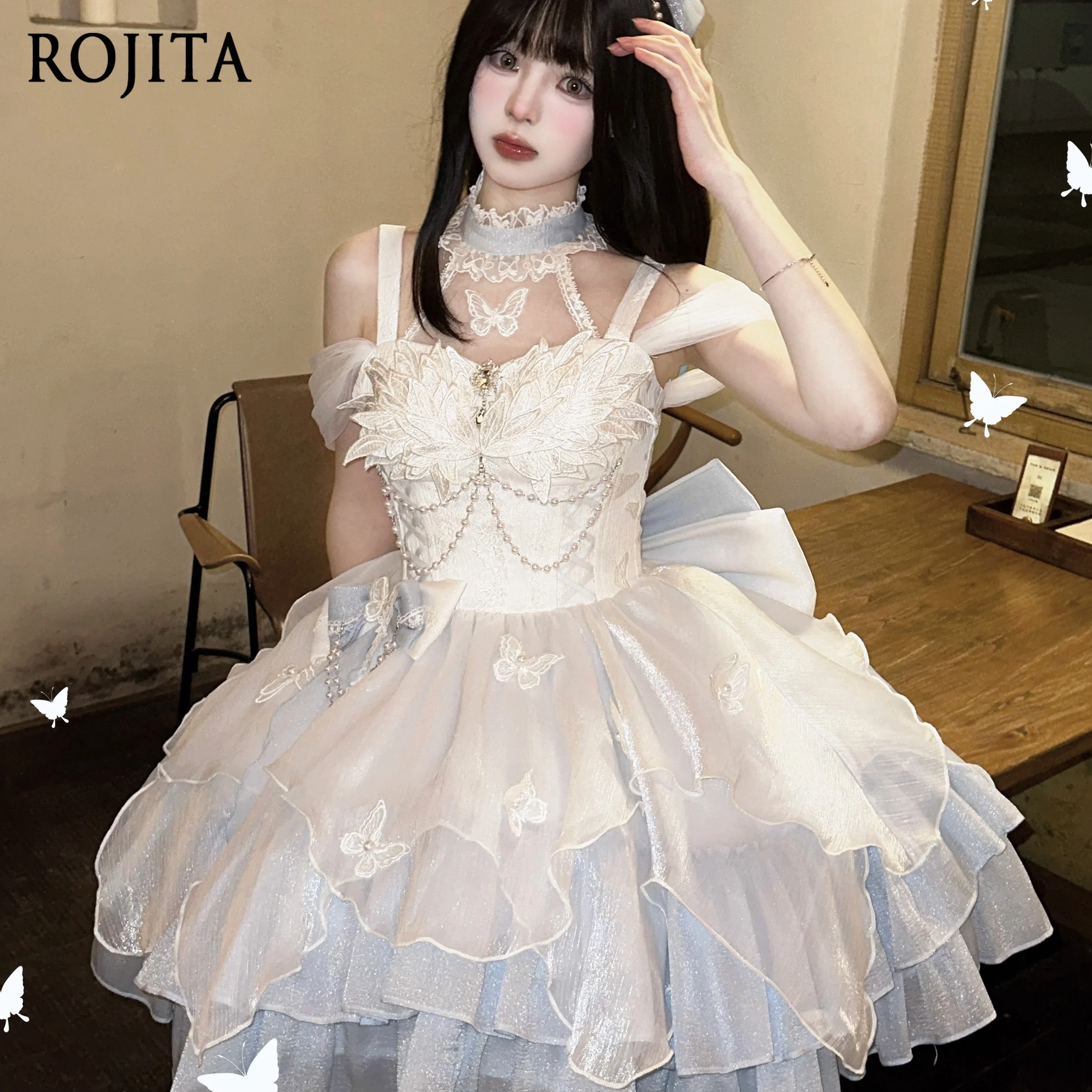 

Lolita Chain Bow Fairy Dresses Blue Lolita Bar Mitzvah Dress for Women Character Off-the-shoulder Mini Dress Summer Dress