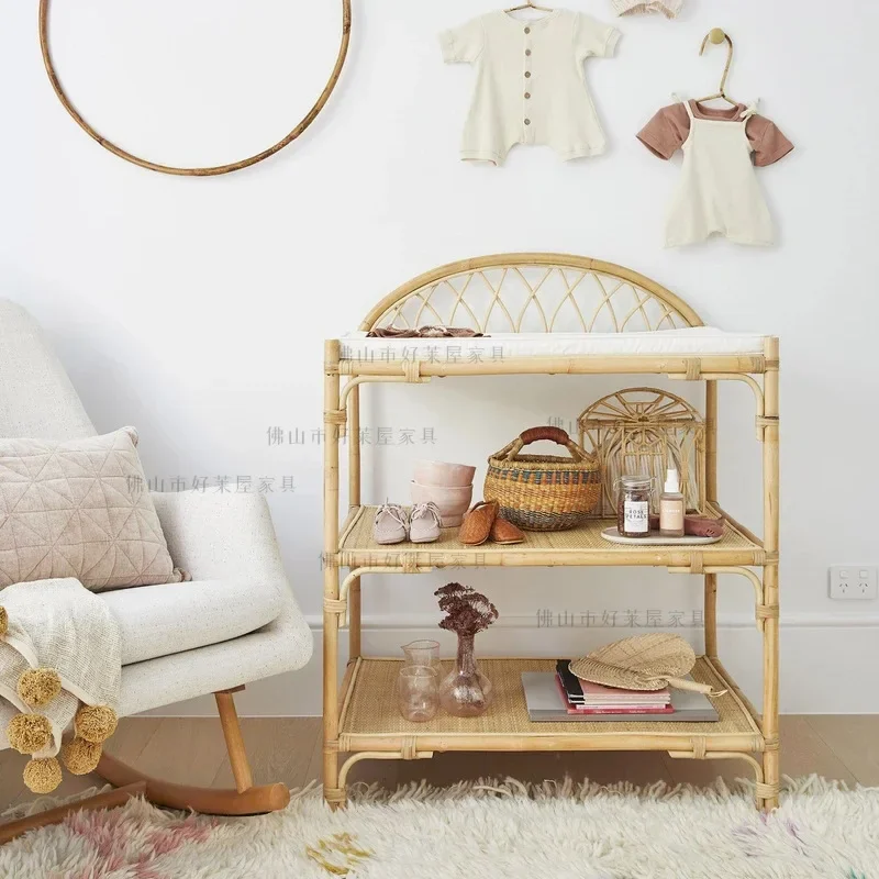 TQH7.2 rattan three-layer shelf, bedroom floor-to-ceiling bookshelf, simple and movable Japanese-style storage rack