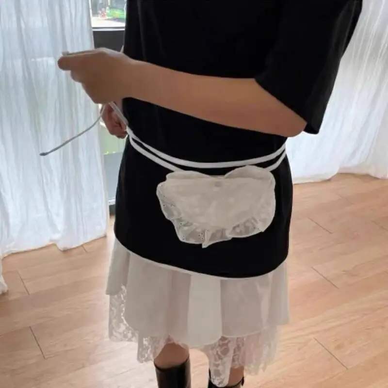 Korean Fashion All Match Bandage Lace Mini Handbags Layered Fairy Sweet Kawaii Bags Women Trendy Y2k Aesthetic Chic Waist Packs
