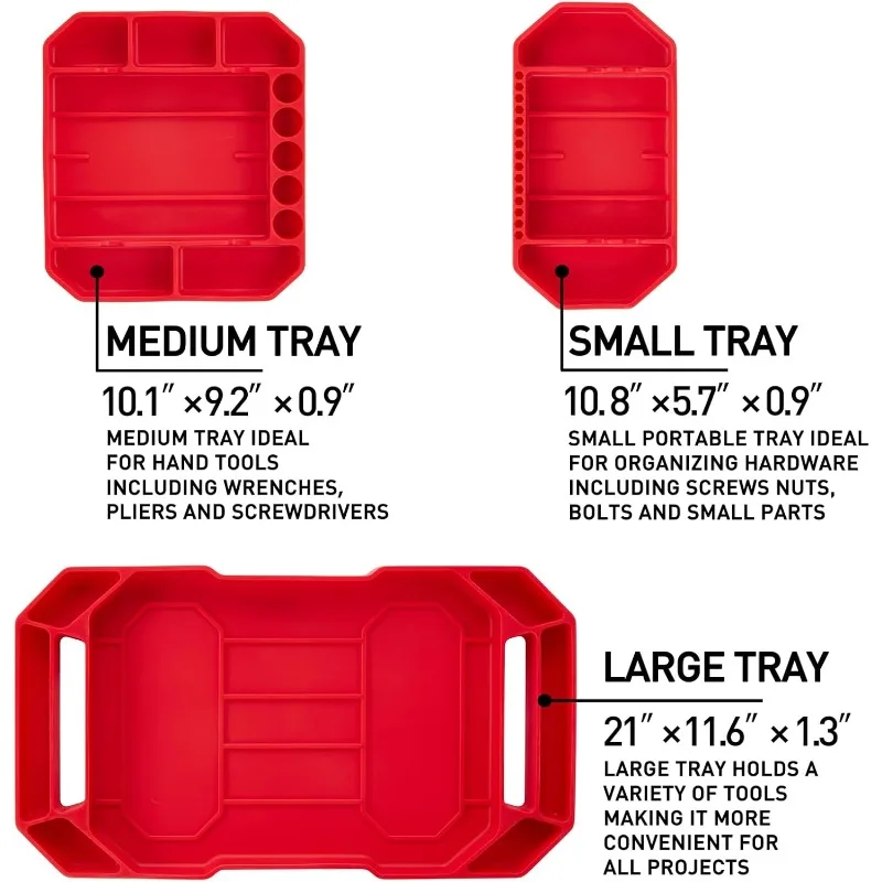 3pcs Large Non-Slip Flexible Tool Tray, Tool Mat, Organizer,  Storage,  Grip Mats, No Magnets (Red)