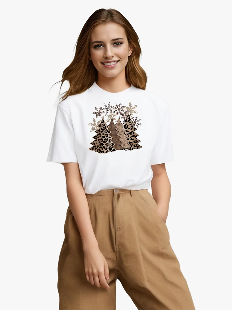 Christmas Leopard Tree Print Crew Neck O-Neck T-Shirt Harajuku Casual Oversized Streetwear Short Sleeve Top Women\'s Clothing