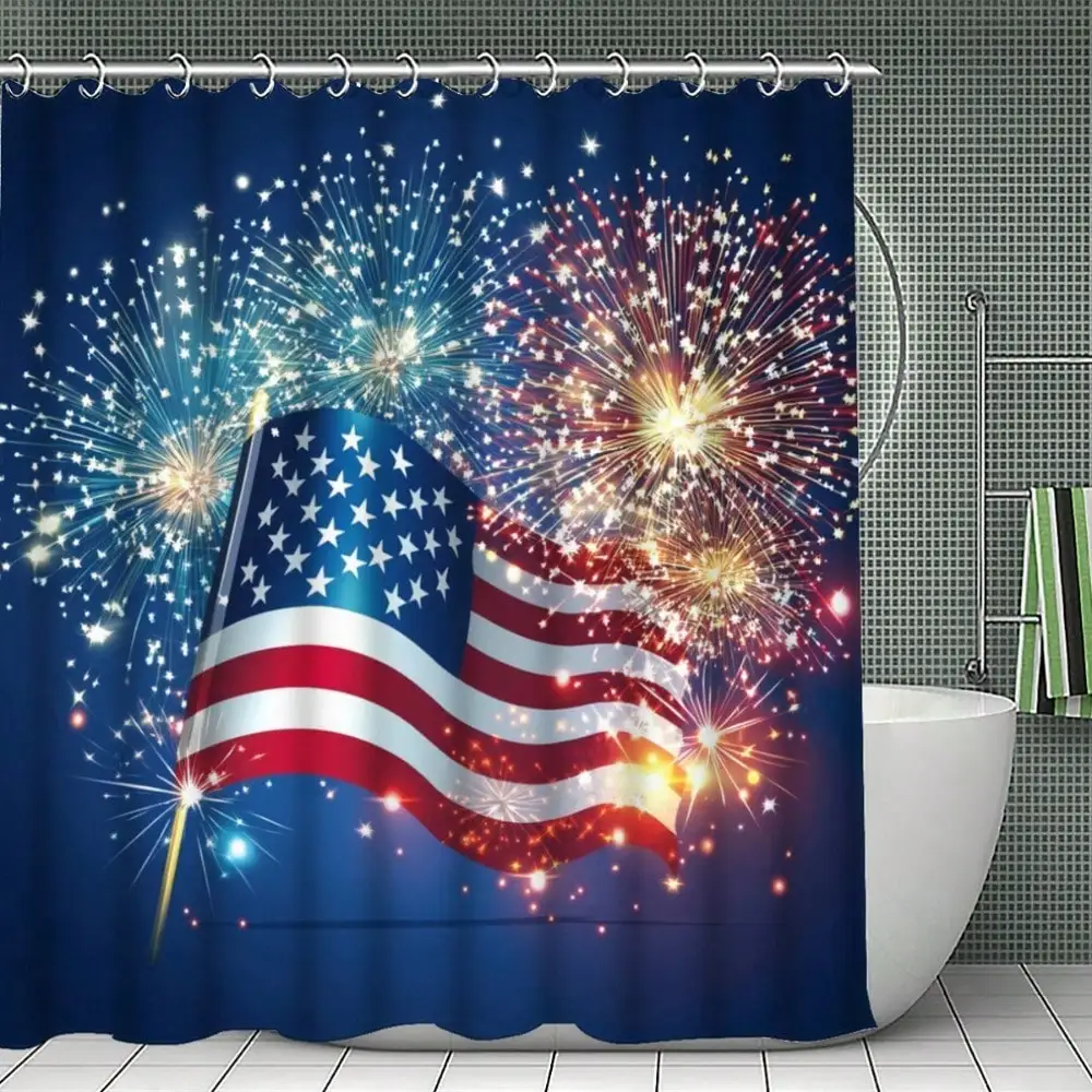 

[Fourth of July Celebration] 1/3/4pcs Fireworks and American Flag Shower Curtain Set | Polyester, Patriotic Red White Blue