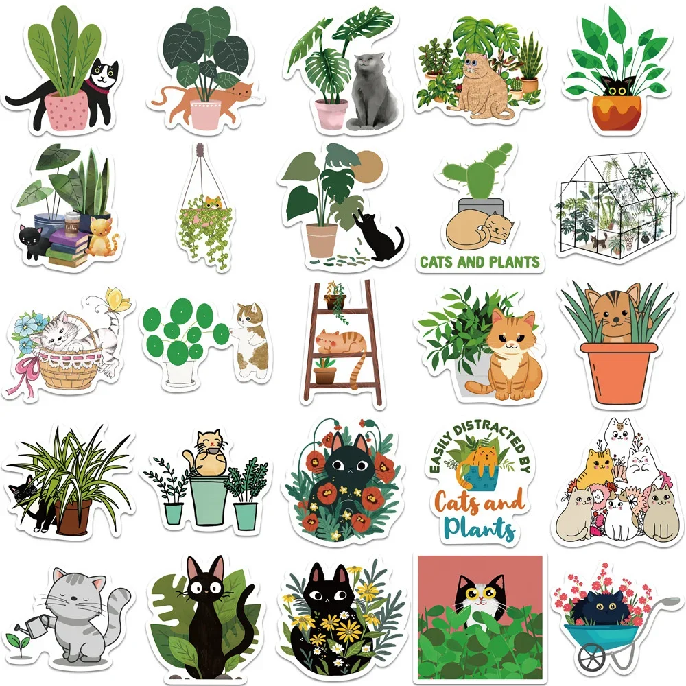 10/30/50PCS Cat And Plant Cute Cartoon Sticker For Luggage Laptop Ipad Phone Case Skateboard Gift Journal Sticker Wholesale