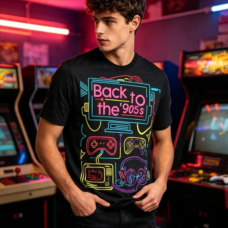 Back to the 90s Retro Game Graphic T-Shirt 100% Cotton Men Short Sleeve Tee Neon Arcade Casual Streetwear Top vintage graphic