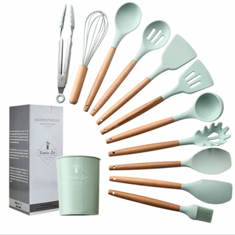 9/10/13Pcs Silicone Cooking Tools Set, Kitchen Utensils with Wooden Handle - Turner Soup Spoon Spatula Pasta Server Tongs Whisk