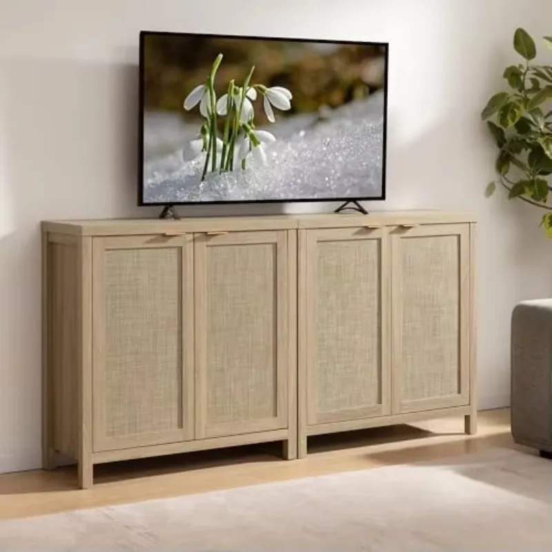 Rattan Sideboard Buffet Cabinet with Large Storage : Boho Credenza | 2 Pieces Coffee Bar Storage Cabinet with