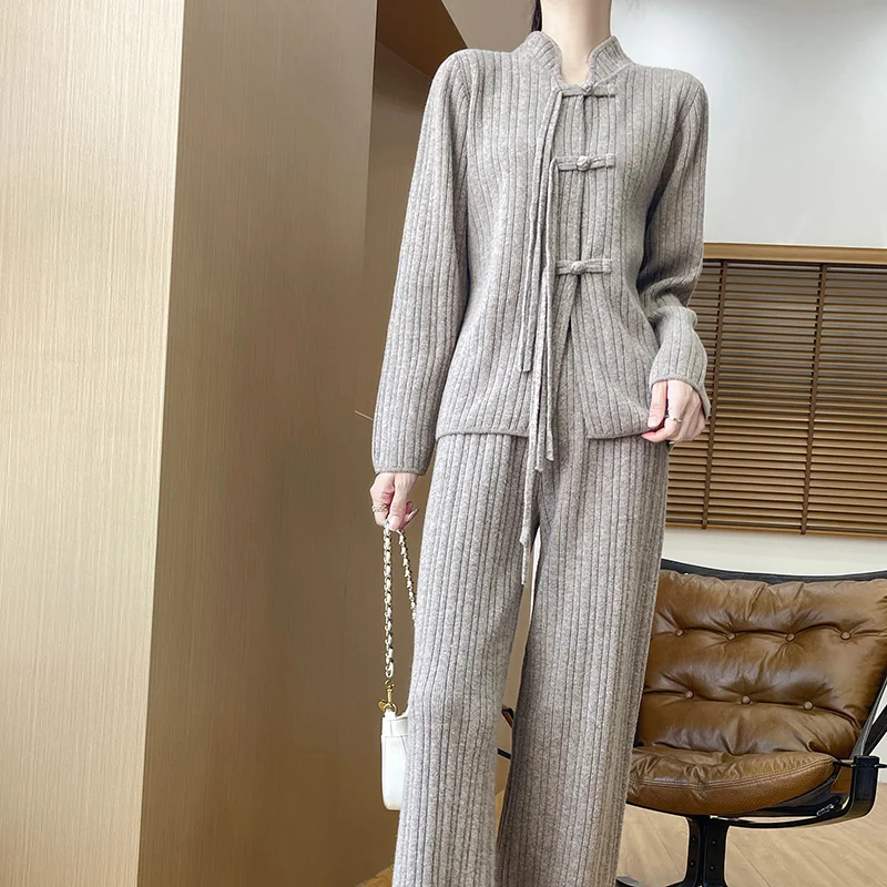 2025 Spring and Autumn Retro Open Collar Cardigan Wide Leg Pants Women's Suit 100% Pure Wool Two-Piece Set Fashion Elegant