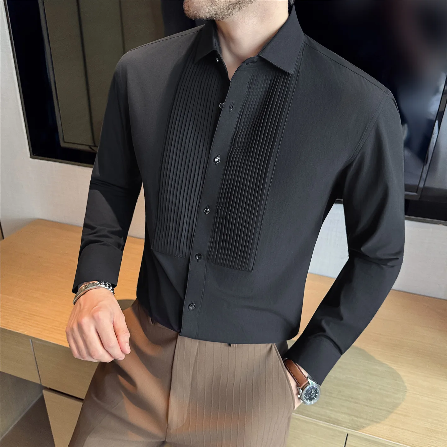 High Quality Modal Cotton Long Sleeved Shirt Fashion Pleated Design Formal Business Solid Color Slim Groom Wedding Dress Blouses