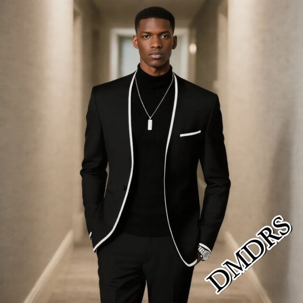 クラシックな黒のメンズスーツセット 2ピース 結婚式 フォーマル スリムフィット ビジネススーツセット ハンサムなオフィススーツセット