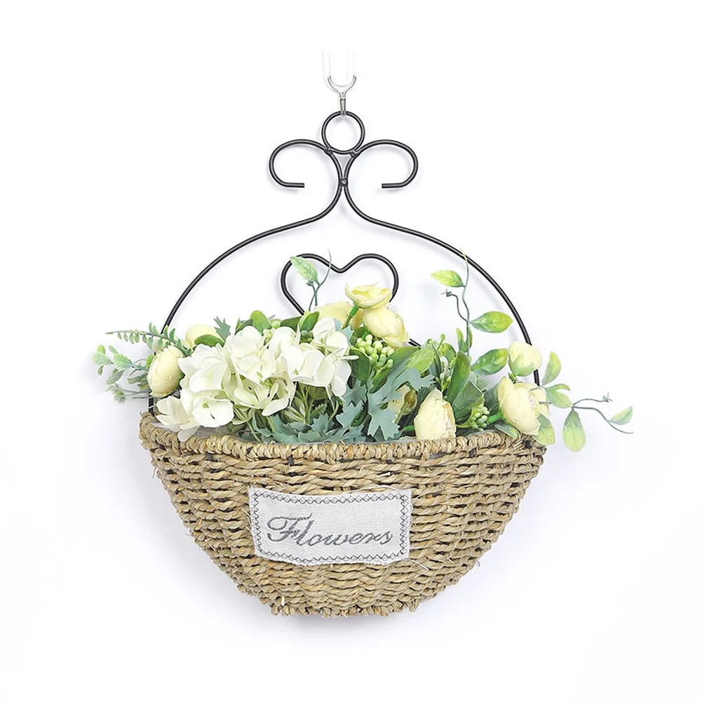 White Hand Woven Straw Wall Basket for Flowers Rustic Decoration Indoor Outdoor Use 35x25x15cm with Waterproof Inner Liner