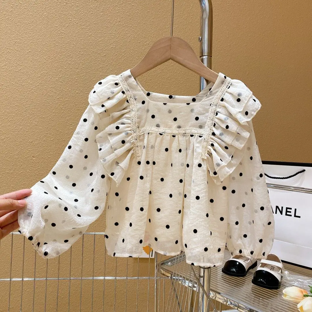 Spring and Autumn Girls Clothes Set Long Sleeve Polka Dot Shirt Jeans 2-Piece Set for Children Baby Clothing Suit