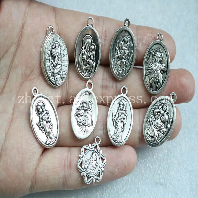 10 Pieces / Religious Antique Silver Medallion St Christopher Traveller's Patronus Small Accessory Jewelry