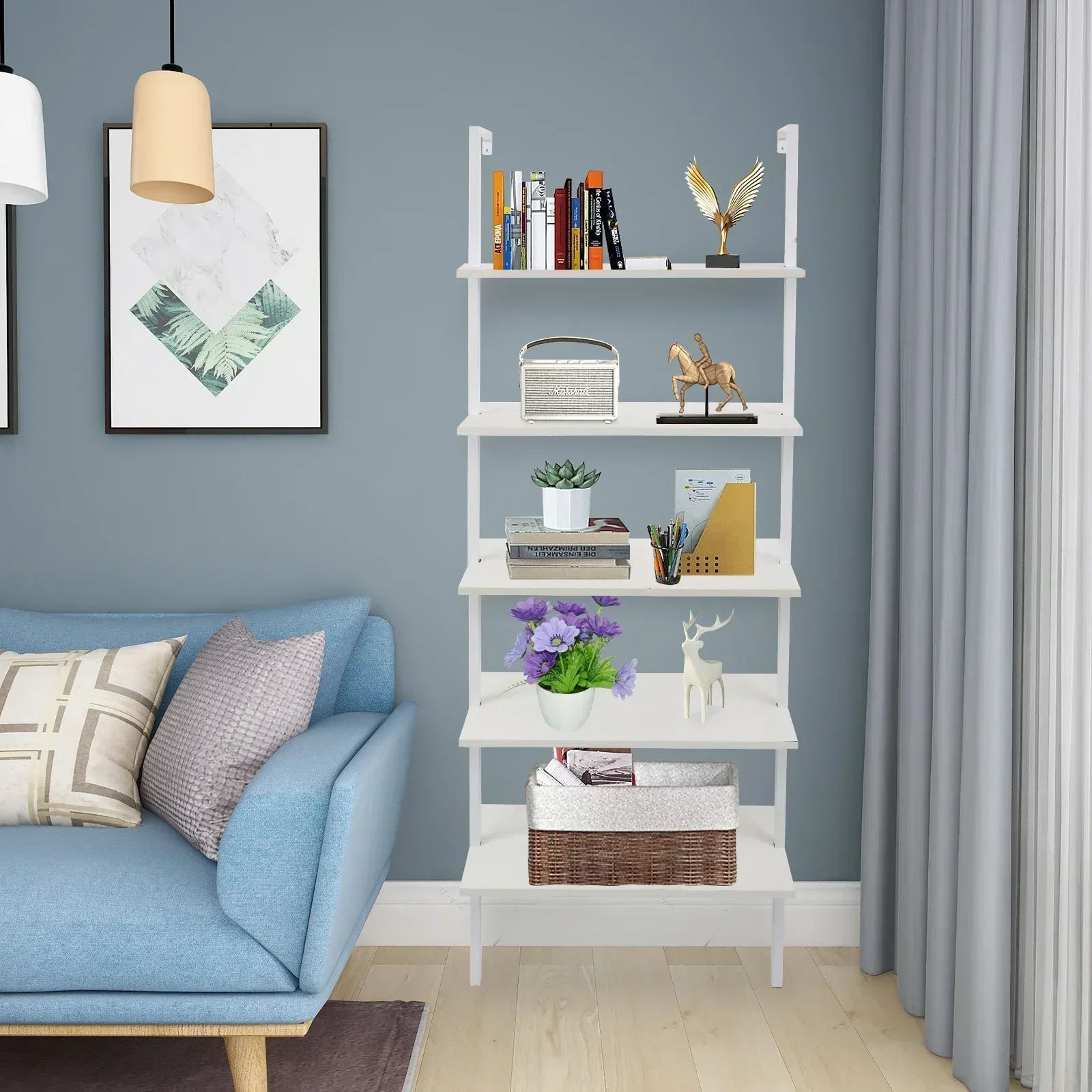 5-Shelf Wood Ladder Bookcase with Metal Frame, Industrial 5-Tier Modern Ladder Shelf Wood Shelves,White cube shelf book shelves