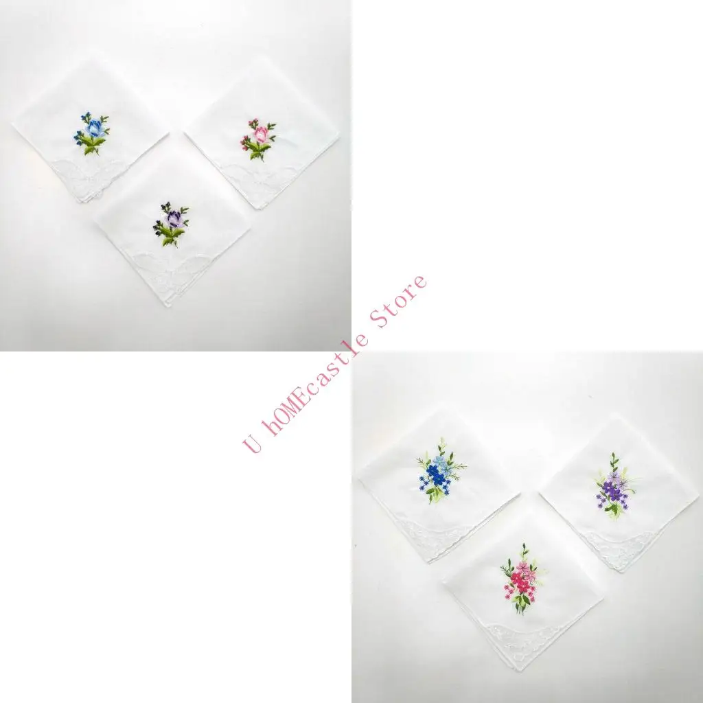 63HF 3Pcs/Set Women Basic White Square Handkerchief Floral Embroidered Pocket Hanky B
