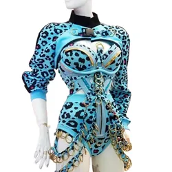 Nightclub Gogo Dance Clothes DJ Singer Concert Sexy Performance Stage Wear Blue Leopard Metal Buckle Bodysuit Drag Queen Costume