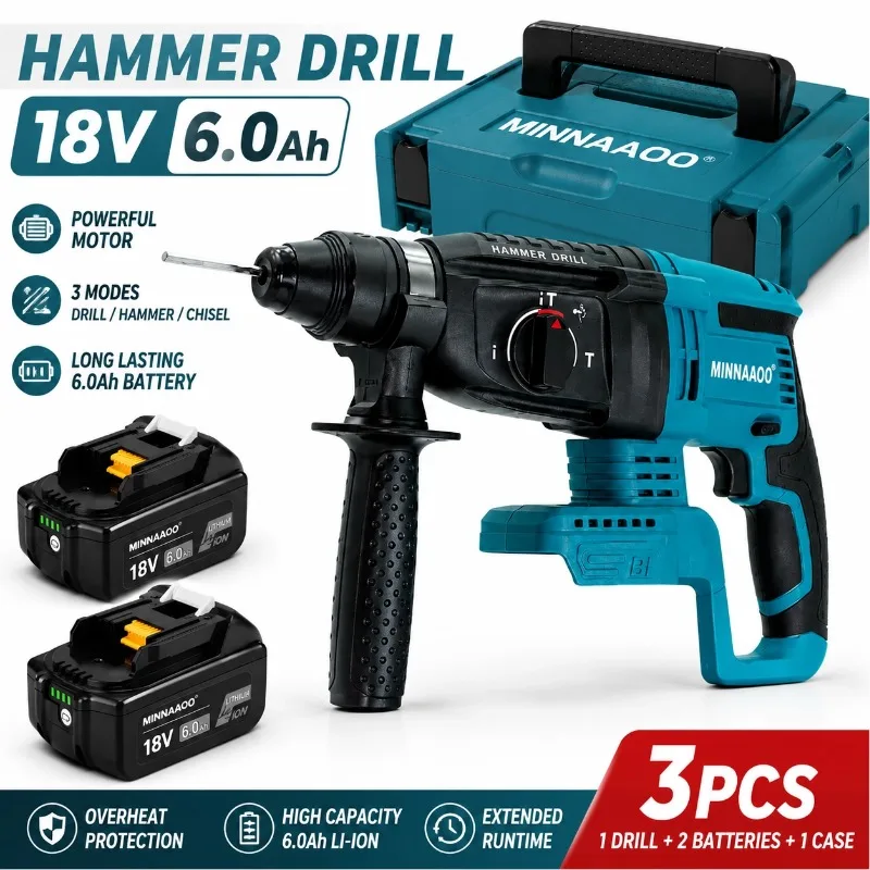 MINNAAOO 18V Cordless Hammer Drill With 2x6.0Ah Battery Rotary Hammer 3 Modes Drill Chisel Tool Kit For Construction