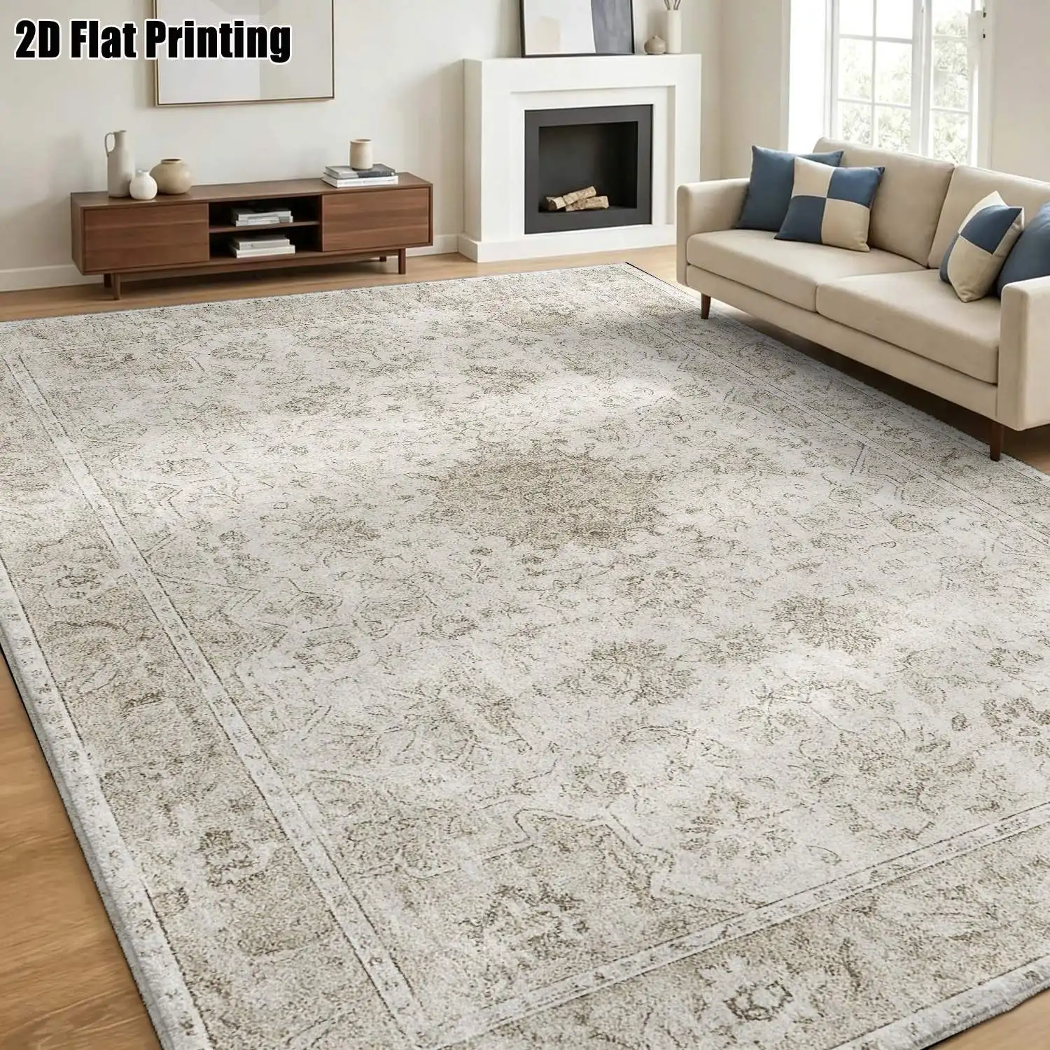 1Pc 2D Printed Carpet: Beige Retro Floral, European/Bohemian Style, Machine Washable, Multi-Size, for Home Decor & Multi-Scene Use