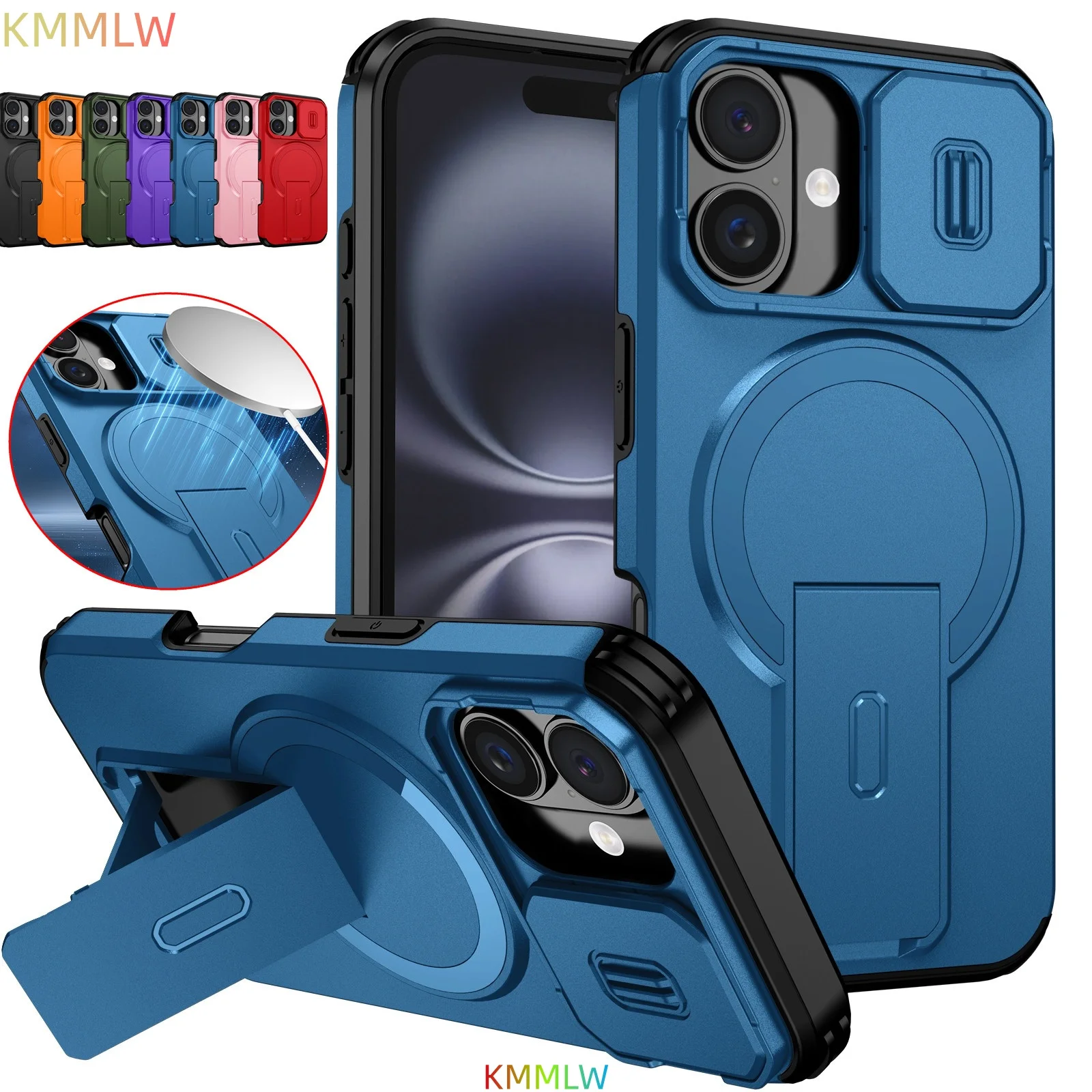 Lens Protect Camera Phone Case for iPhone 16 15 14 13 12 11 Pro Max Plus 16e Magnetic Kickstand Cover