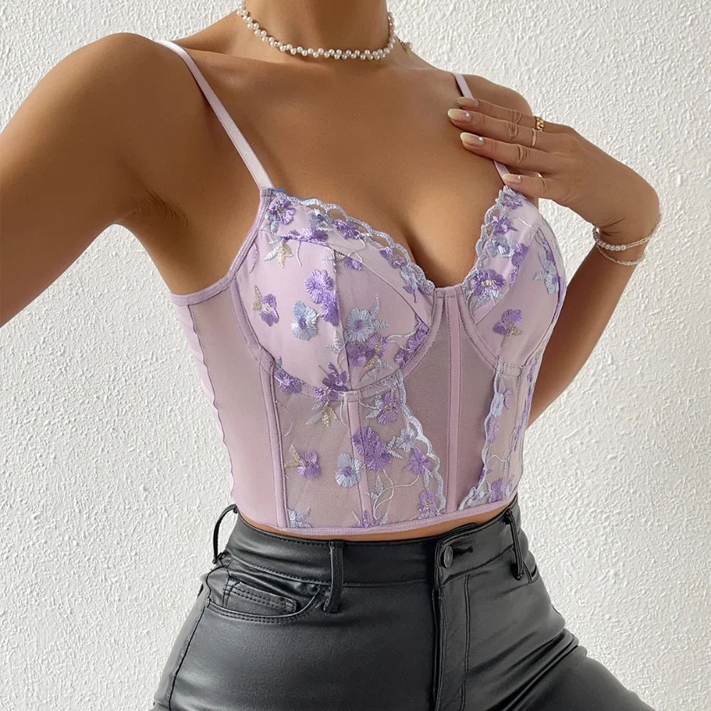 Sexy Women Mesh Corsets Shaper Flower Embroidery Bustier Steel Ring Fishbone Slim Fit Versatile Lady Corset Top Underbust Corset