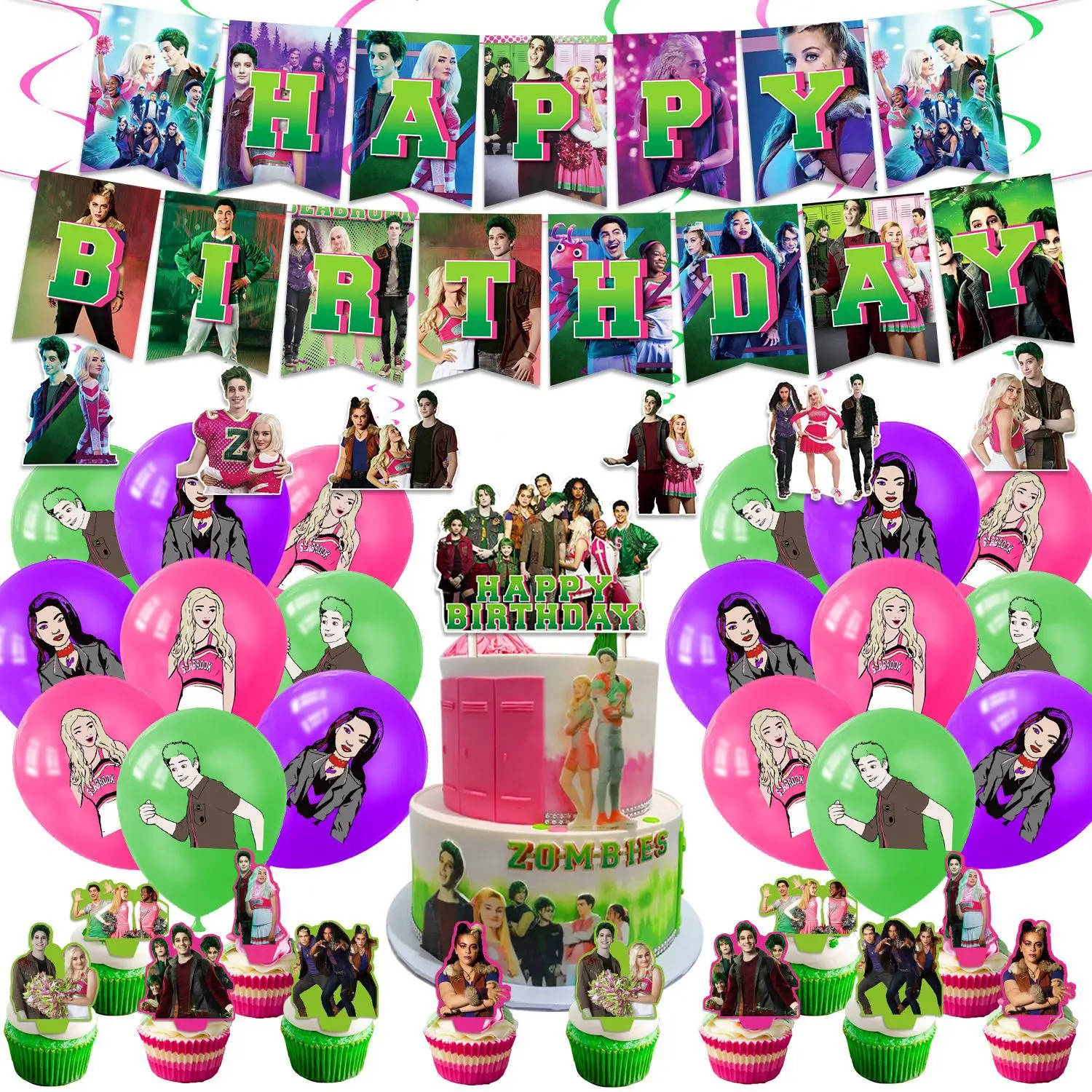 Disney Zombie High Birthday Party Decoration Zombie Zed Addison Balloon Banner Cake Topper Backdrop Toys for Party Supplies