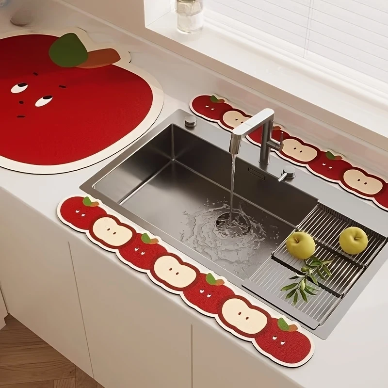 VIKAMA 3-teilige Küchenarmatur-Matte im Cartoon-Stil, Abtropfmatte für die Küchenarbeitsplatte, wasserabsorbierende Trockenwasserschale, Heimdekoration