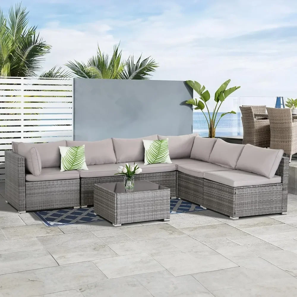 7-teiliges Terrassenmöbel-Set, modulares Terrassen-Set, Sofagarnitur aus Korbgeflecht für den Außenbereich, PE-Rattan-Korbgeflecht, Terrassen-Gesprächsset