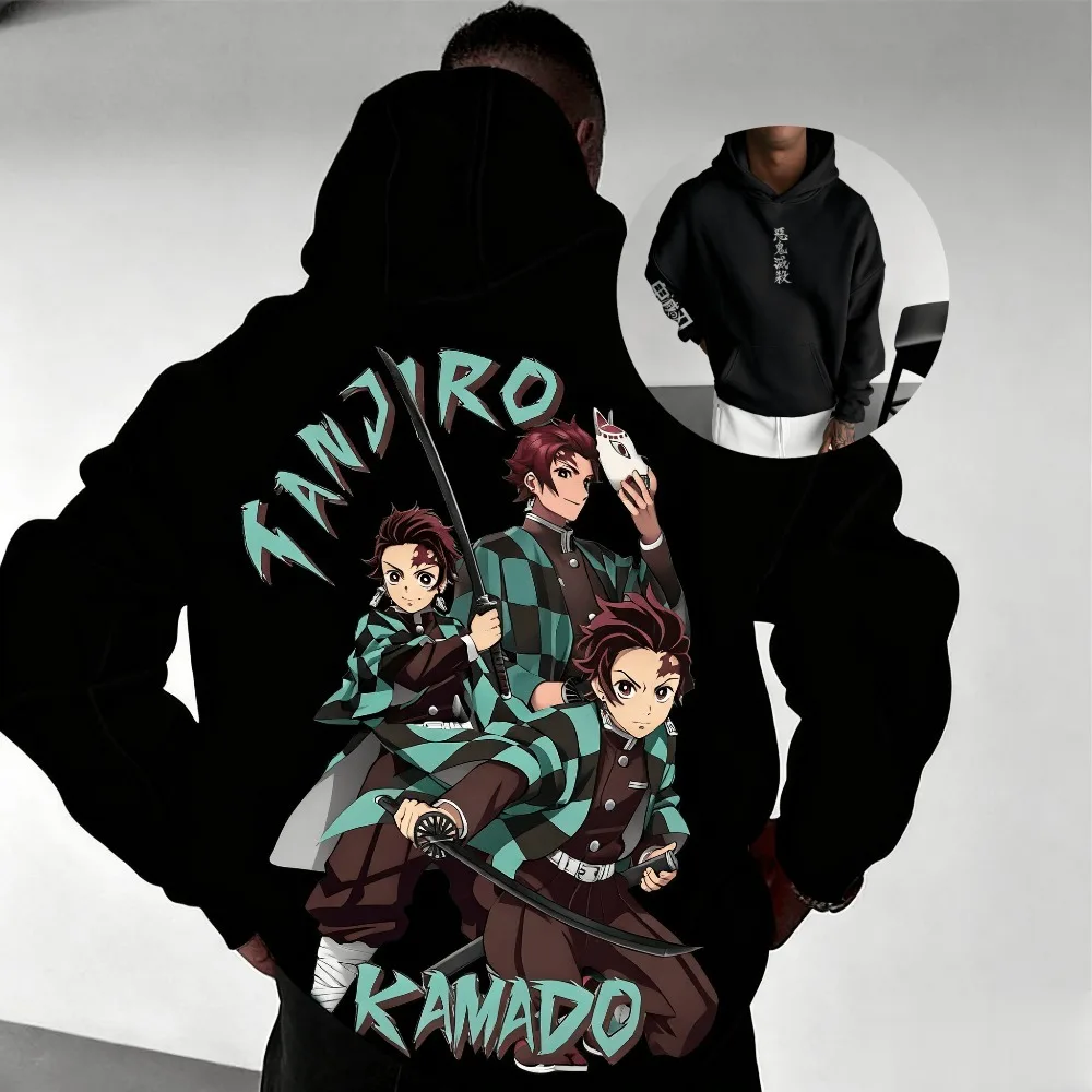 

​ Толстовка с капюшоном Demon Slayer Kimetsu No Yaiba Tanjiro Kamado для мужчин, черный пуловер с графическим принтом в стиле аниме, повседневная уличная одежда, новинка 2023 года