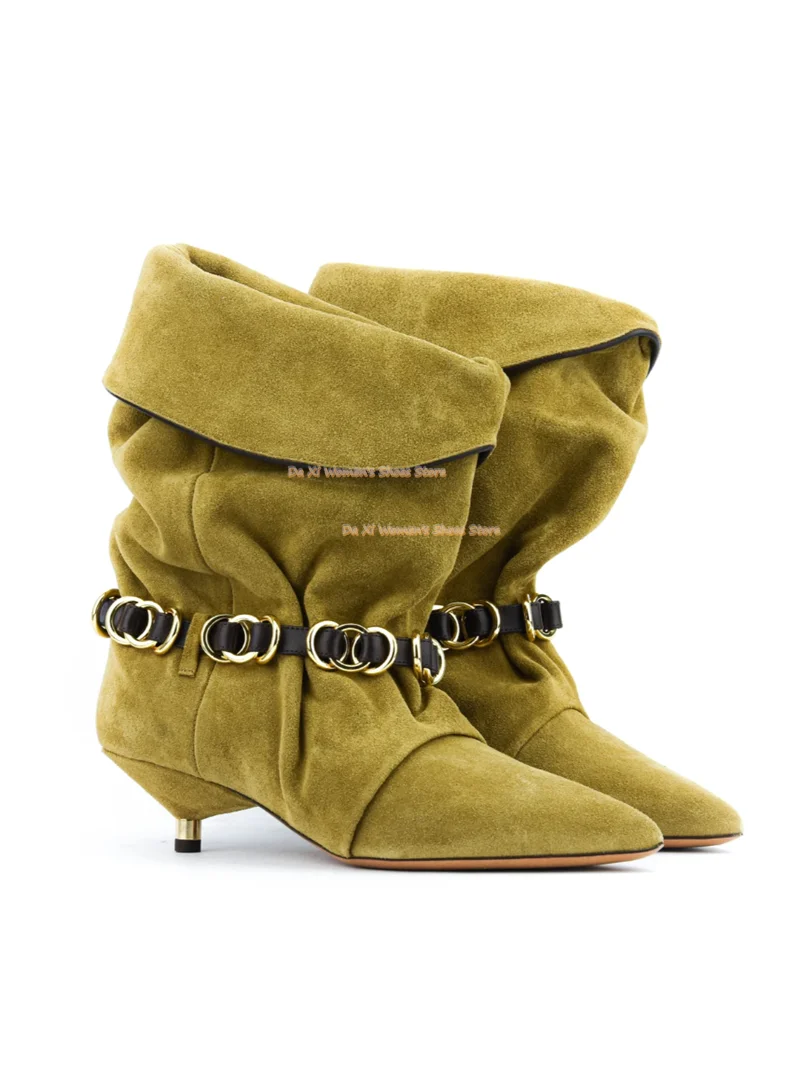 Autumn Khaki Tian Velvet Women's Boots Boot Shaft Flip-Edge Metal Clasp Surround Decorate Pointed Kitten And West Ankle Boots