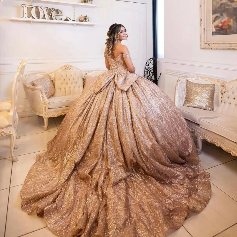 Rosa de ouro brilhante quinceanera vestidos fora do ombro lantejoulas apliques rendas miçangas cristal arco festa aniversário doce 16 vestido colete