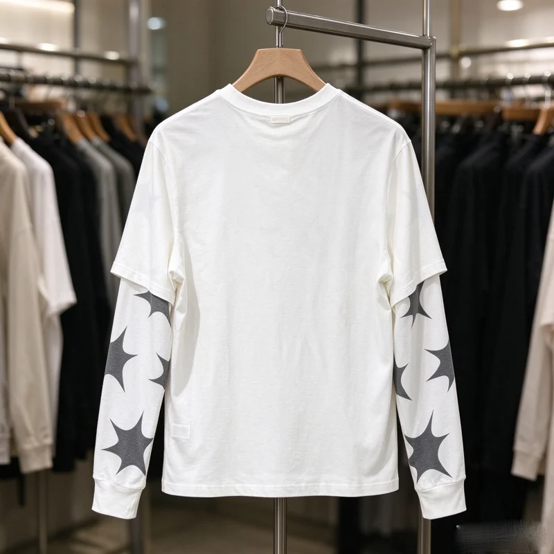 Fake Two Pieces Protect Star Print Long Sleeve T-shirt Men Women Waffle Sleeve T Shirt Loose Casual Street Tops Tee Yellow Tag