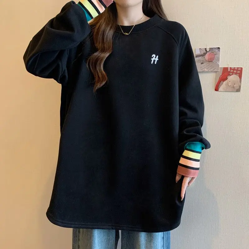 Large size women's clothing autumn and winter new velvet thickened warm contrasting colors loose and thin long-sleeved top