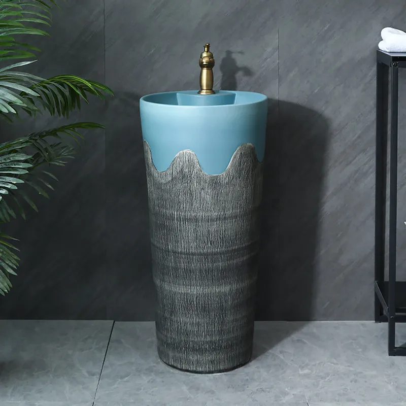 Ceramic integrated floor-to-ceiling column basin, retro art wash basin, courtyard outdoor small apartment washbasin