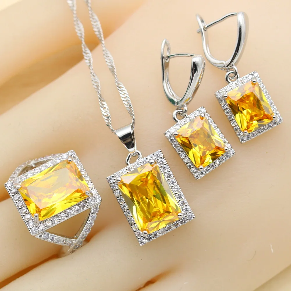 Bridal Jewelry Sets For Women Yellow Zirconia Necklace Pendant Earrings Ring Bracelet Gift Box