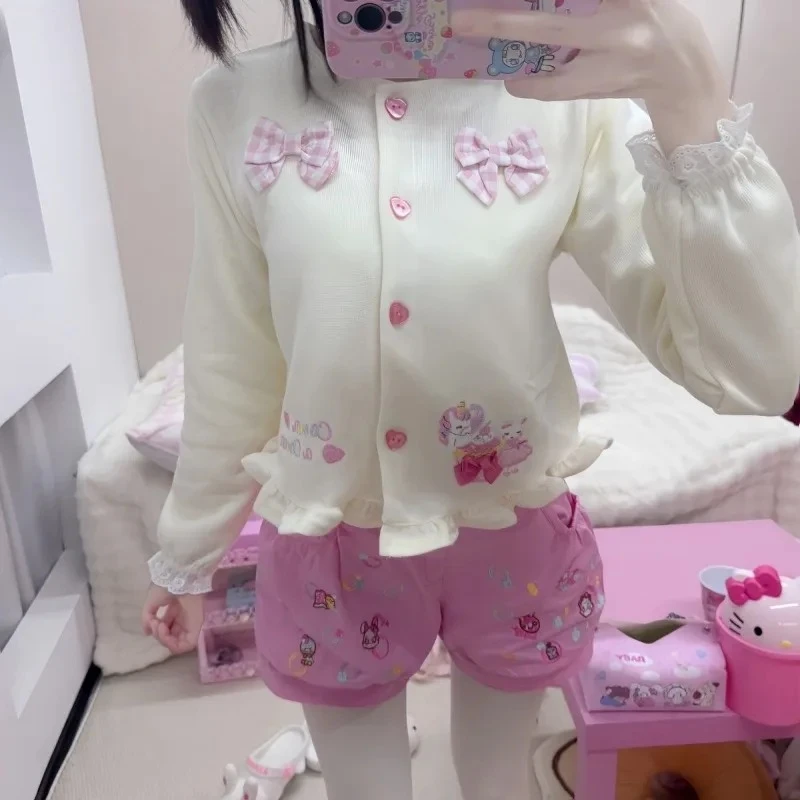 Japanese Kawaii Lolita Style Cartoon Embroidery Jacket Women Cute Y2k Bow O-Neck Cropped Coat Girls Sweet Princess Cardigan Tops