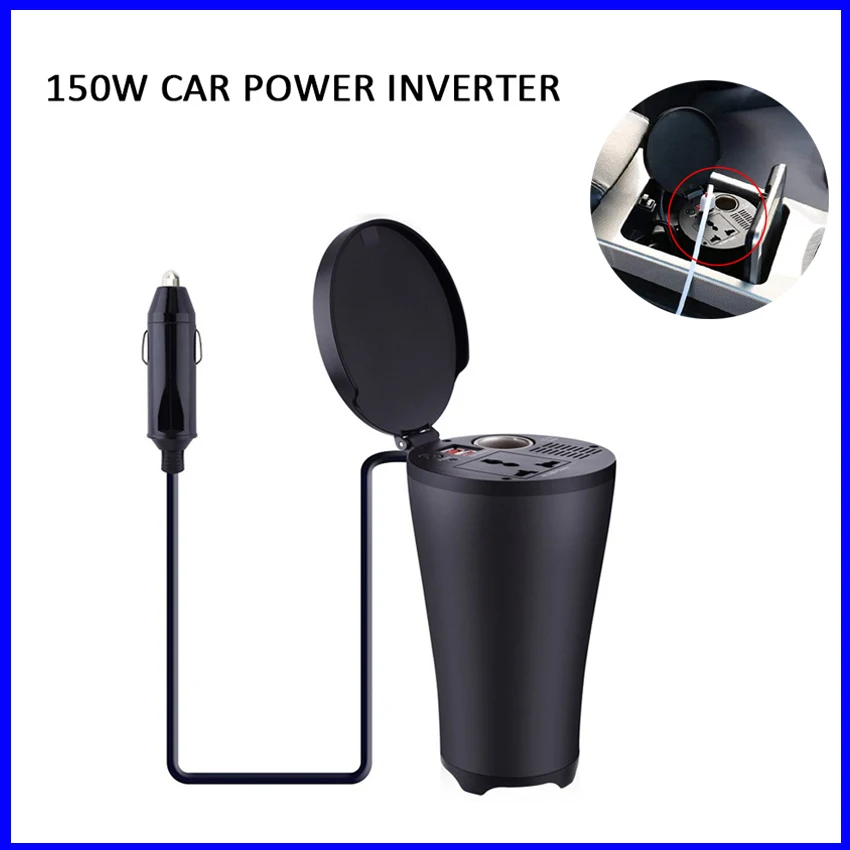 150W 12V To 220V Car Power Inverter Cup Holder With AC Outlets With 4.8A Dual USB Charging Ports Car Adapter With Car Socket