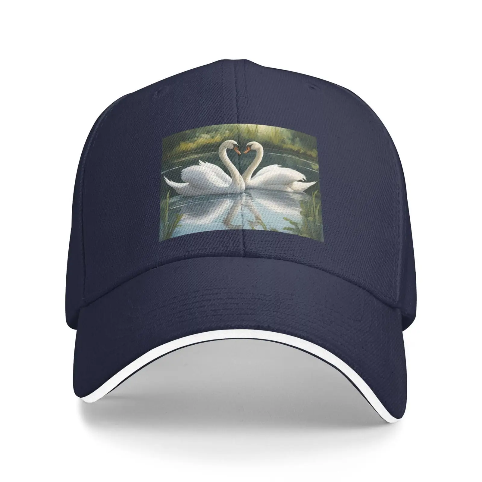 Beautiful White Swans On The Lake Print Sandwich Baseball Cap Unisex Baseball Cap Casual Sandwich Baseball Cap For Outdoor