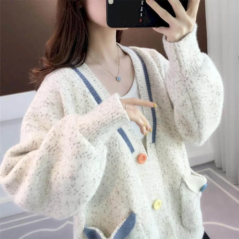 

Sweaters Knitted Cardigans for Women Loose Casual Vintage Color Block Design Coats V-neck Korean Fashion Long Sleeved Women Tops