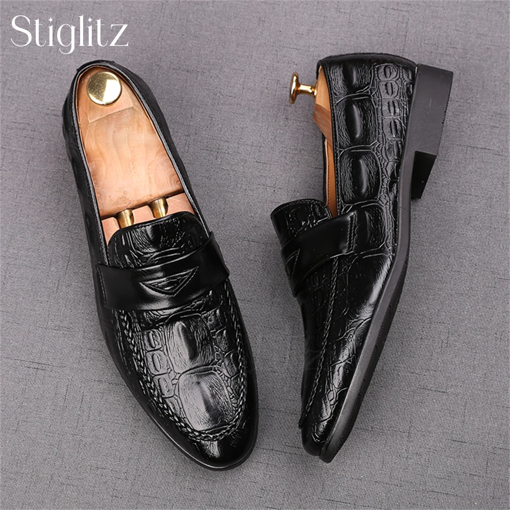 Faux Crocodile Leather Loafers for Men Comfortable Slip-On Business Shoes Luxury Exquisite Style Handmade Shoes for Banquet Sale