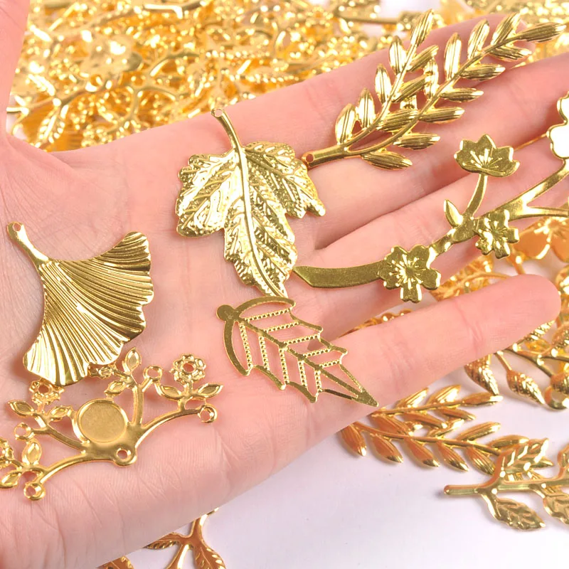 10-30pcs golden Filigree Wraps leaf Connectors Metal Crafts Headwear accessories for Jewelry Making 20-70mm YKL0912