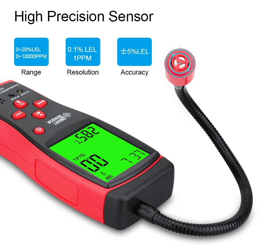Tragbarer Gasleckdetektor 0-10000PPM mit Ton- und Lichtalarm, Messgerät für brennbare Gase, Tester für Erdgas, Methan und Rauchgas – Detail 3